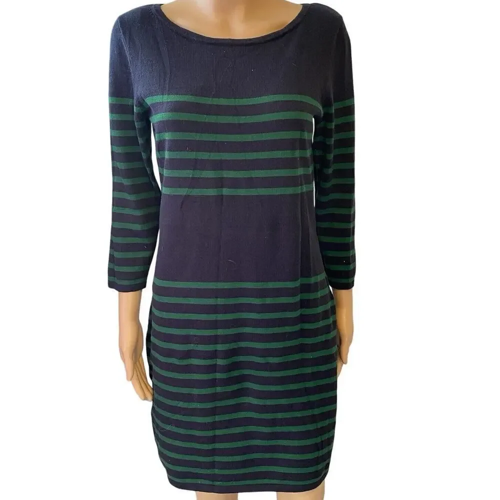 Michael Kors Knit Sweater Dress Green Blue Stripes Size M/L Mini 3/4 Sleeves